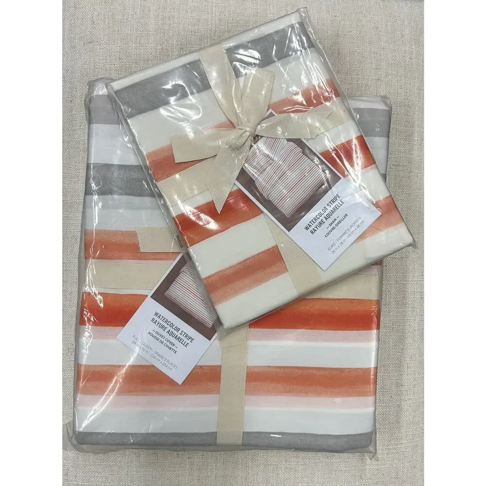 West Elm Watercolor Stripe Full / Queen Duvet & Euro Sham Set NEW NIP